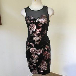 IPONA  Illusion Neck Pencil Floral Short Dress Mixed Fabric Cutout Back  M